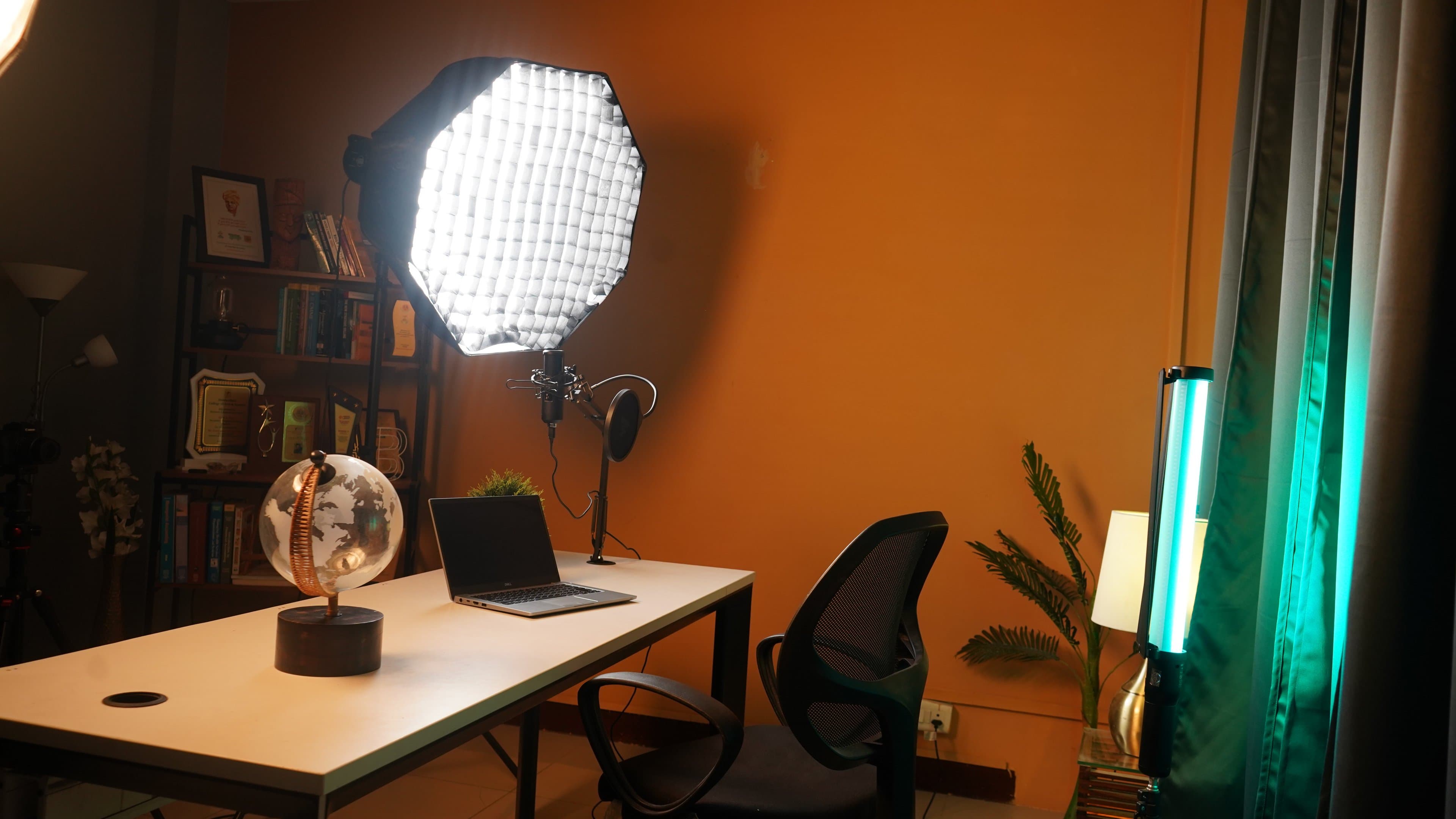 Monk Podcast Studio - Studio setup with softbox and globe lamp